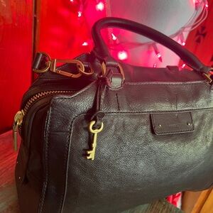 FOSSIL Leather Satchel Black Gold Key Charm Crossbody